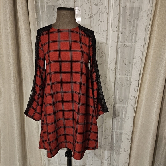Gianni Bini Red Black Lace Plaid Whimsigoth Business Casual Midi Dress XS - Picture 16 of 16